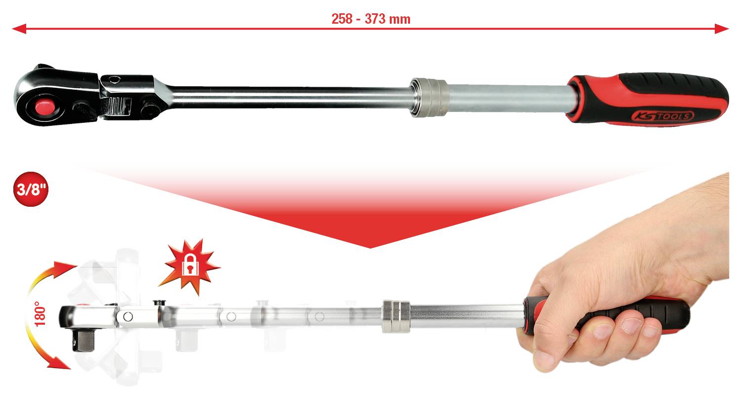 'Momentni ključ z podaljšljivo ročico od 258 mm do 373 mm; merilna skala 3/8"; rotacija za 180 stopinj; rdeč ročaj.'