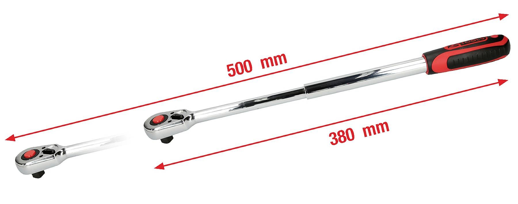 Teleskopska grabljice z dvema dolžinskima variantama: 380 mm in 500 mm. Srebrne barve z črnim in rdečim ročajem.