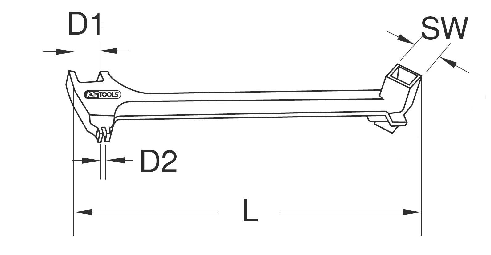 Tehnična risba kotnega ključa z dimenzijami dolžine in širine (D1, D2, SW, L). Orodje podjetja KS Tools.
