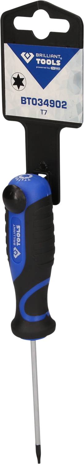 Izvijač z črnim ročajem in modrimi poudarki, obešen na embalaži z napisom 'Brilliant Tools BT034902'.