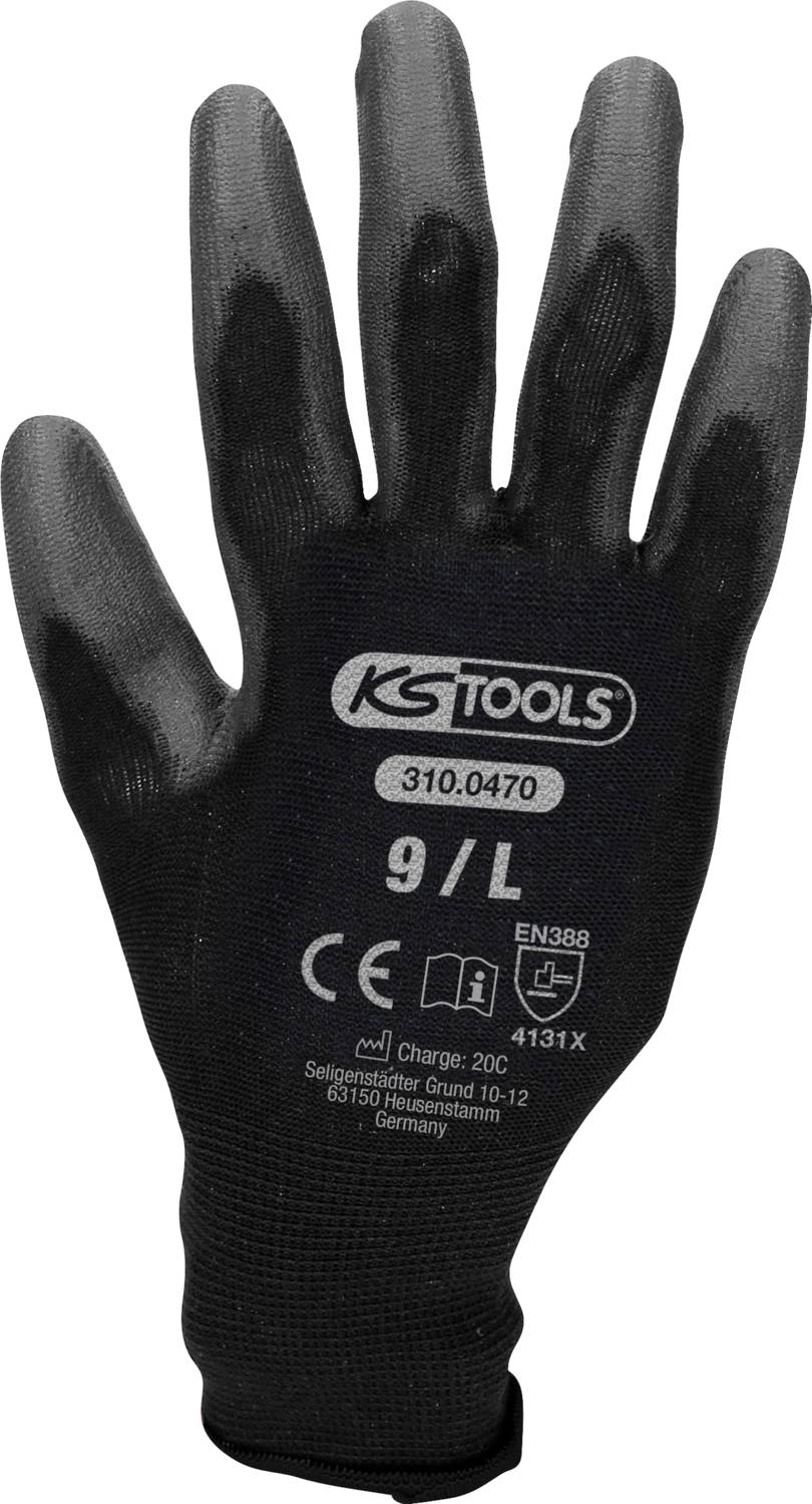 Črna delovna rokavica, velikost 9/L, z blagovno znamko 'KS Tools', opremljena s certifikatom CE in informacijami EN388 na hrbtni strani roke.