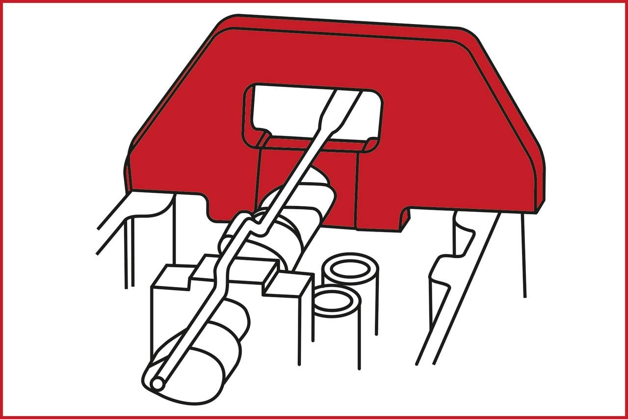 Ilustracija priključka žice v vtičnem priključku, z rdečim plastičnim delom za pritrditev žice.