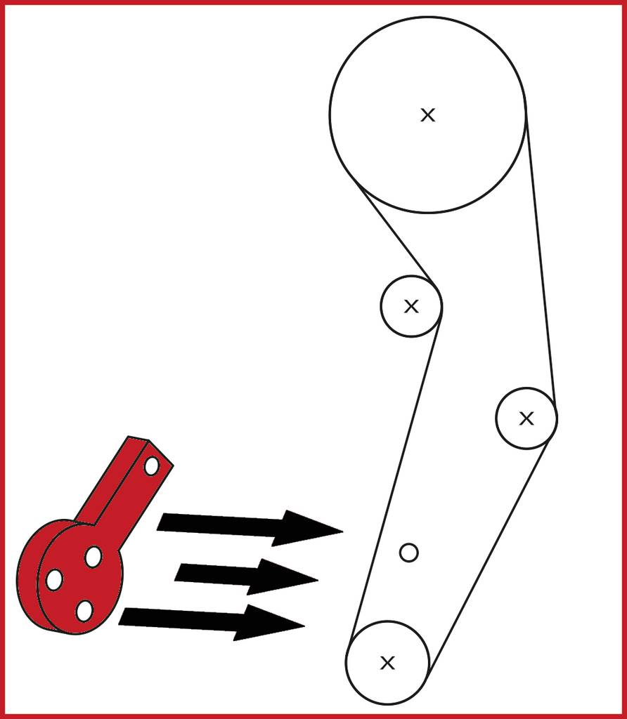Shematski diagram jermenskega pogona s štirimi zobniki. Rdeča puščica kaže na sistem in simbolizira gibanje.