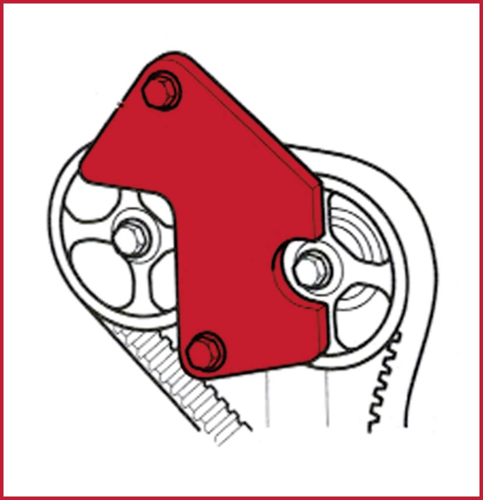 Ilustracija sistema zobatega jermena z dvema zobnikoma in rdečim pokrovom v tehničnem diagramu.