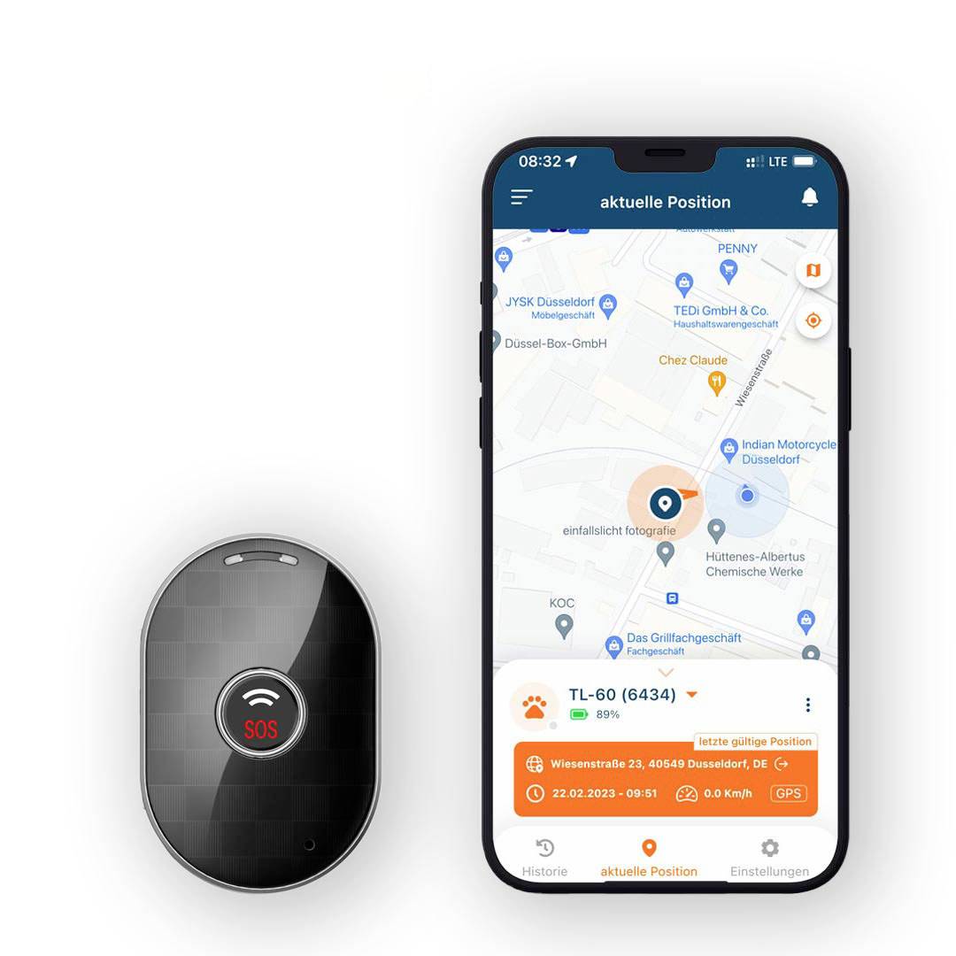 Pametni telefon prikazuje aplikacijo z zemljevidom in sledenjem lokacije. Poleg njega leži GPS naprava z SOS gumbom.