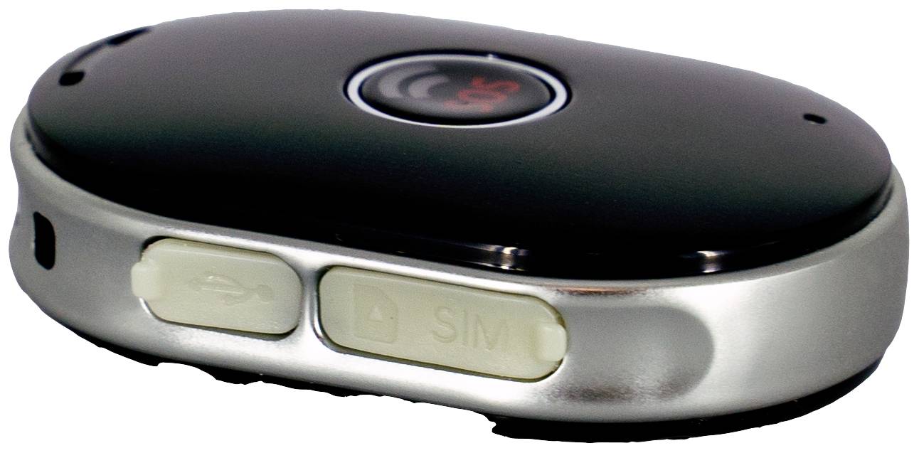 Majhna, črna naprava z digitalno zaslonom in prostorom za SIM kartico. Deluje mobilno in priročno.