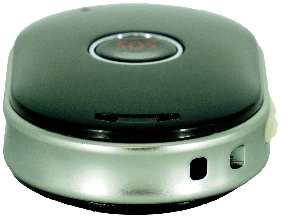 Majhna, okrogla naprava z črnim zgornjim delom in napisom 'SOS' na sredini, verjetno gumb za klic v sili.