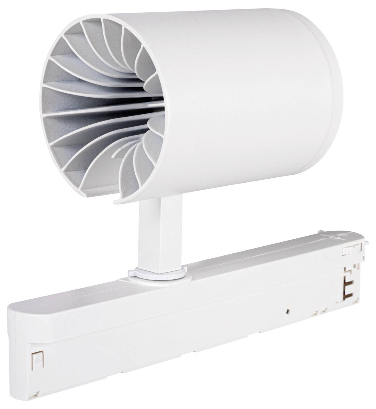 Majhen, bel namizni ventilator z enostavnim, modernim dizajnom. Ventilator ima cilindrično ohišje in stoji na pravokotni podstavitvi.