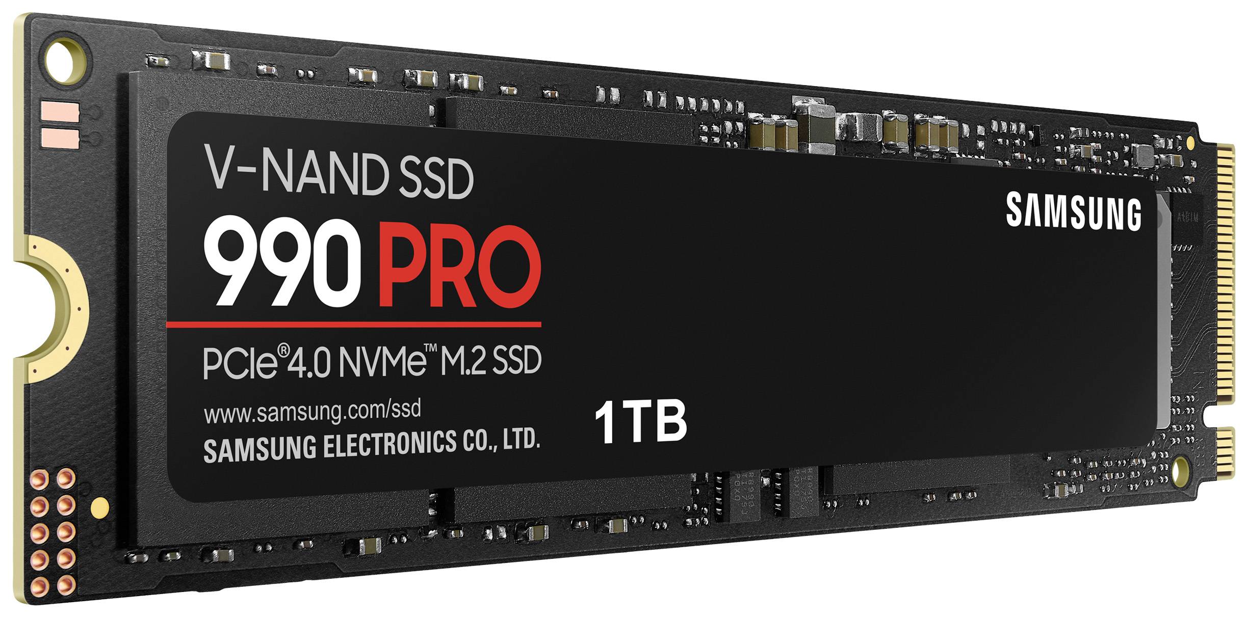 Črn M.2 SSD z napisom 'V-NAND SSD 990 PRO, PCIe 4.0 NVMe M.2 SSD, 1TB' podjetja Samsung.