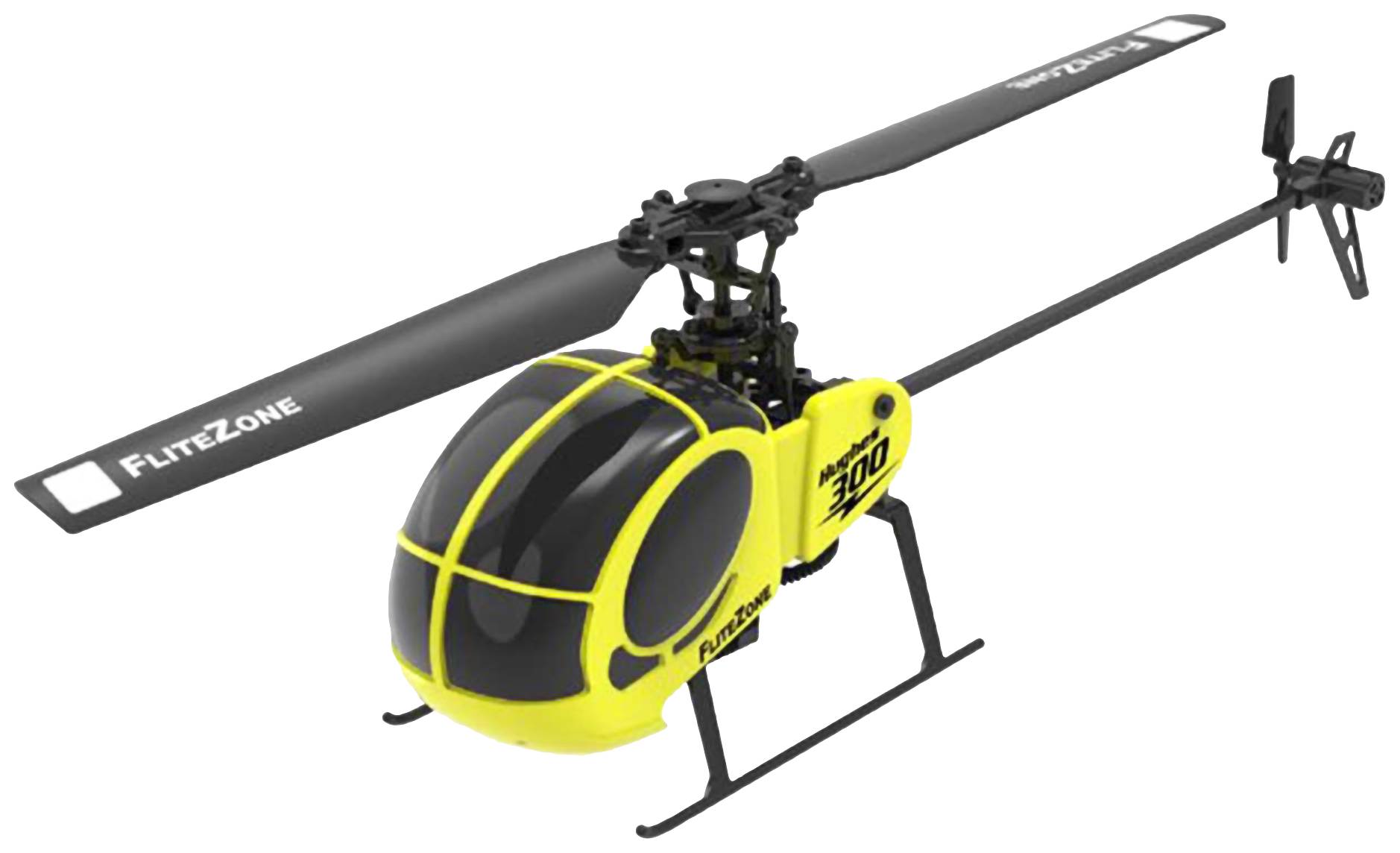 Igrača helikopter z rumeno in črno barvo, označen z 'FliteZone' na rotorskem listu, prikazuje pogled s strani.