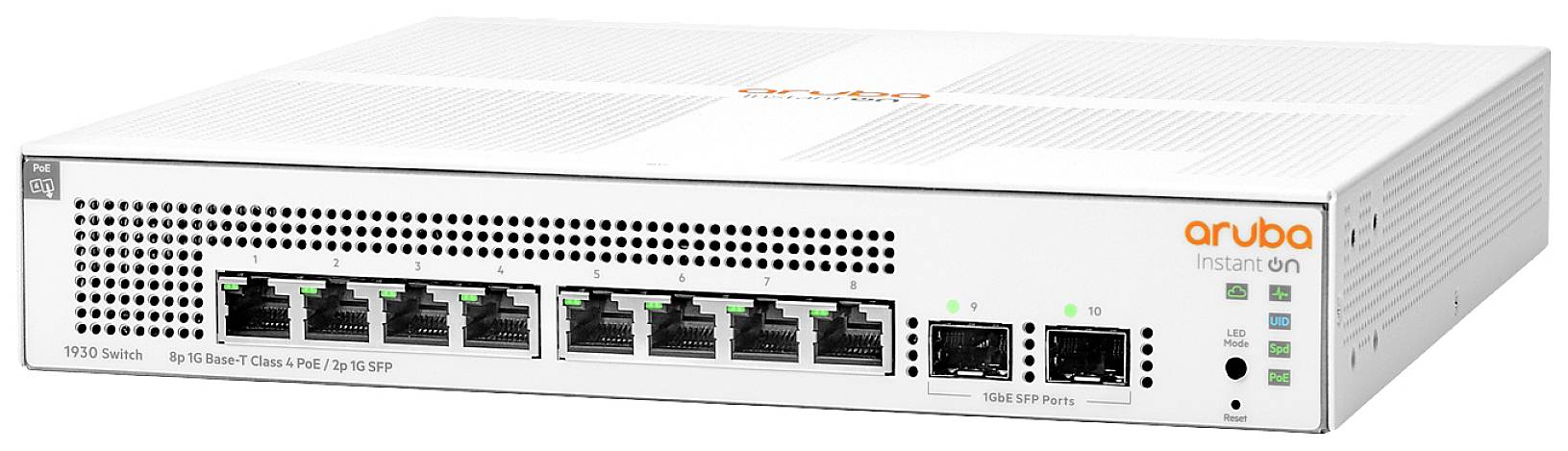 Omrežno stikalo z osmimi Ethernet-vrati in dvema SFP-priključkoma, primerno za majhna do srednja podjetja, z oznako 'aruba instant on'.