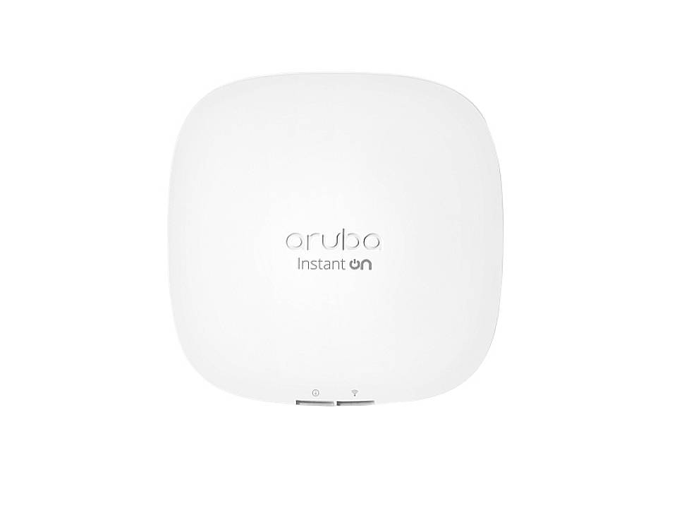 Bel, okrogel WLAN-dostopna točka znamke 'aruba Instant On' z dvema majhnima statusnima LED-diodama na spodnji strani.