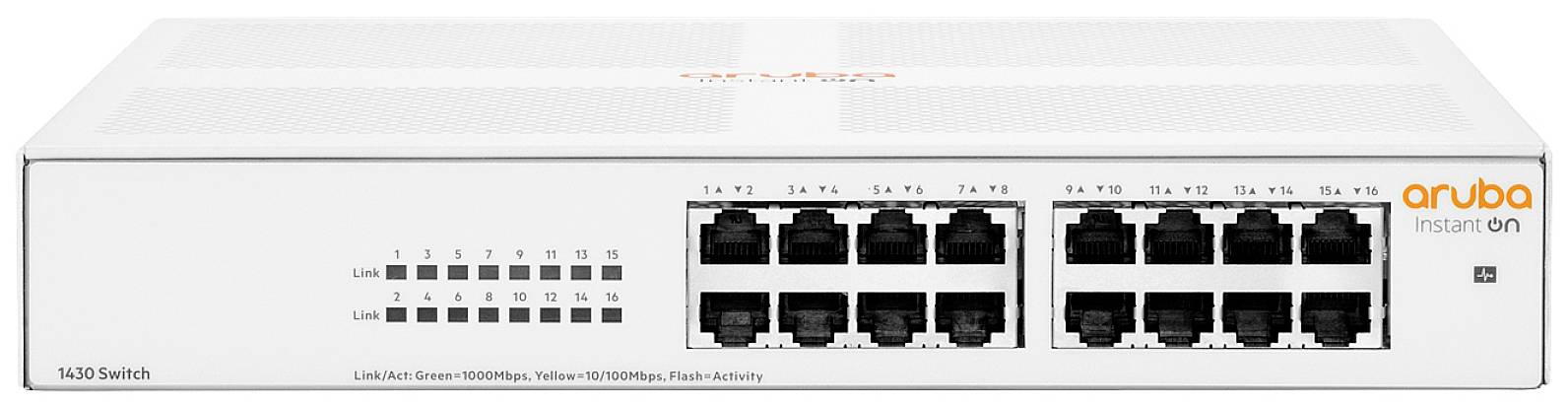 Bel omrežni stikalni element Aruba Instant On s 24 ethernetnimi vrati, z LED indikatorji za status in aktivnost, kjer je vidna modelna številka.