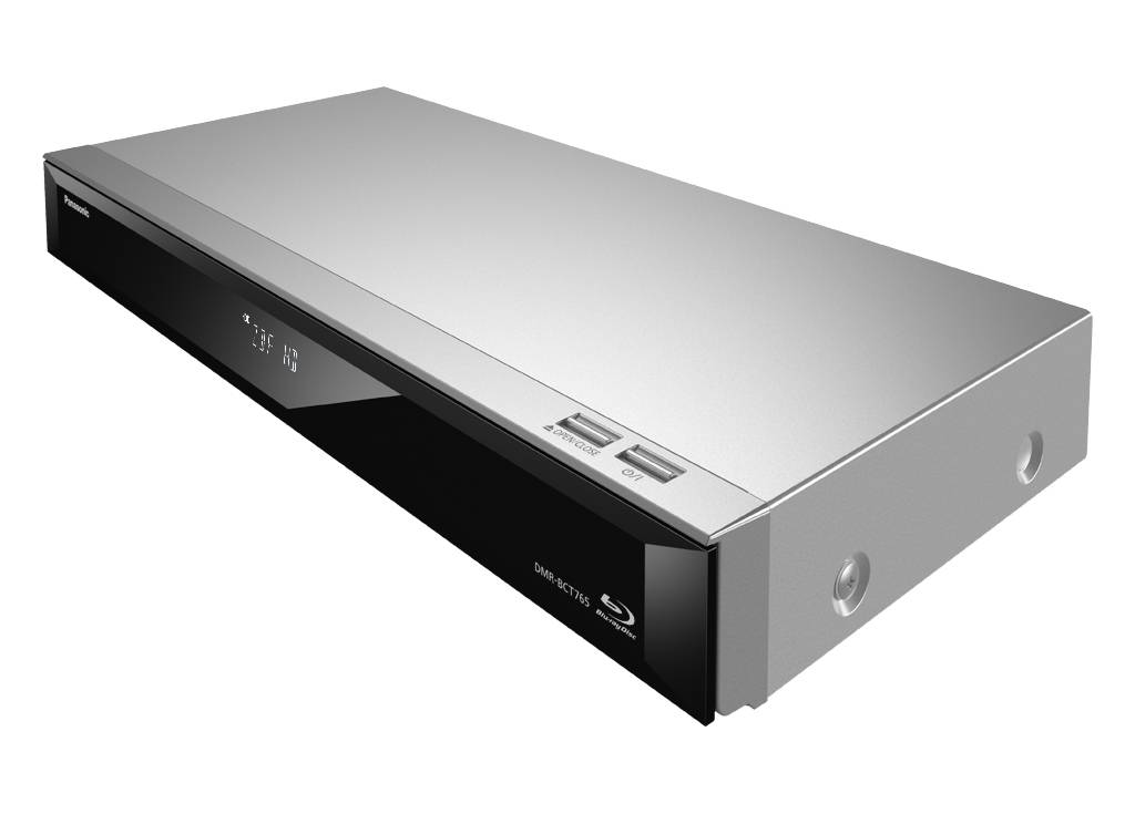 Srebrn in črn Blu-ray/DVD predvajalnik z dvema sprednjima USB priključkoma in digitalnim zaslonom.