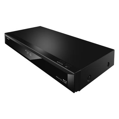 Črni Blu-ray predvajalnik z zaslonom na sprednji strani, prikazuje načine delovanja in priključke, primeren za predvajanje Blu-ray plošč.