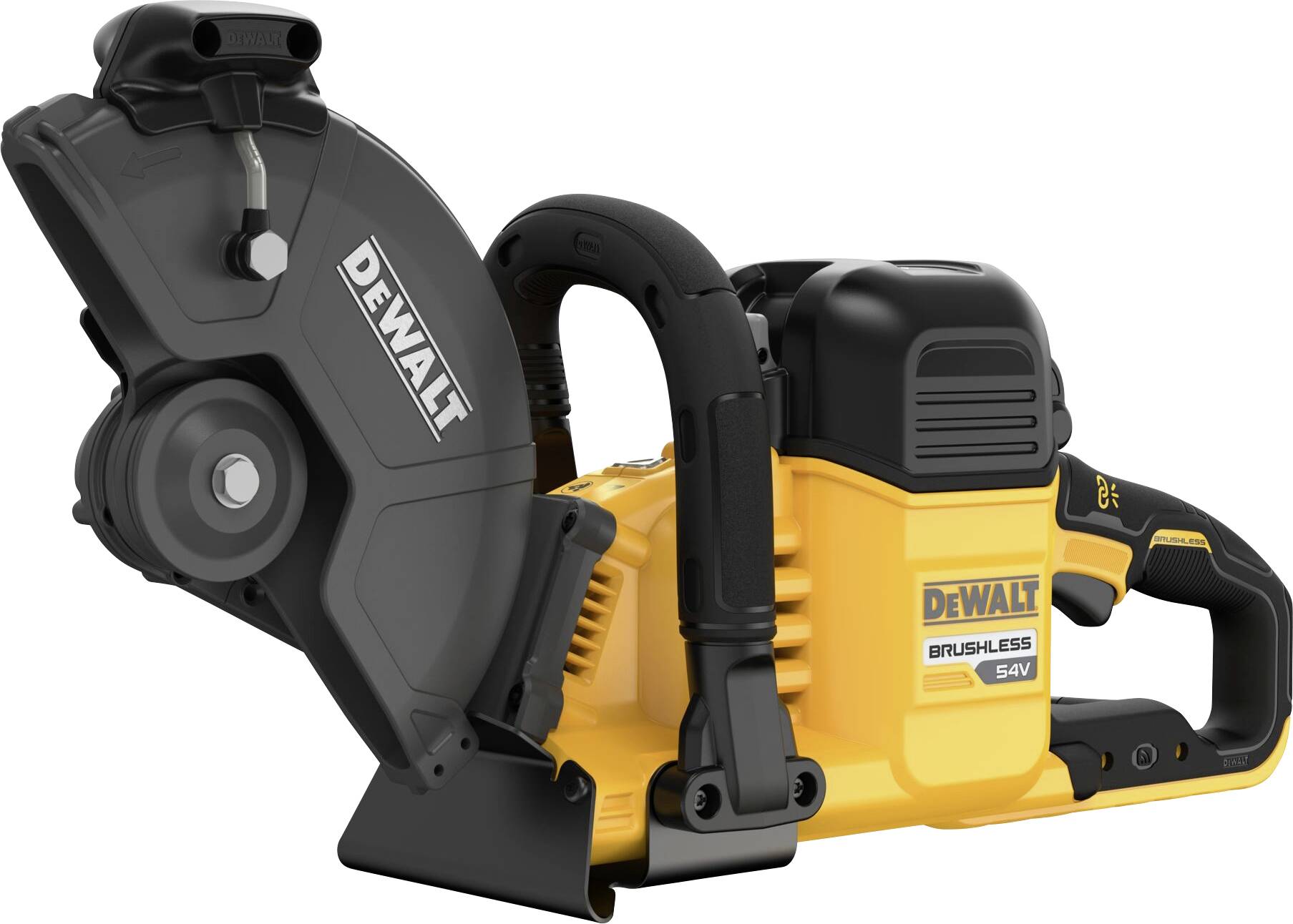 Električno orodje: Rumena in črna ročna krožna žaga znamke DeWalt, brez kabla z oznako brezkrtačnega motorja.
