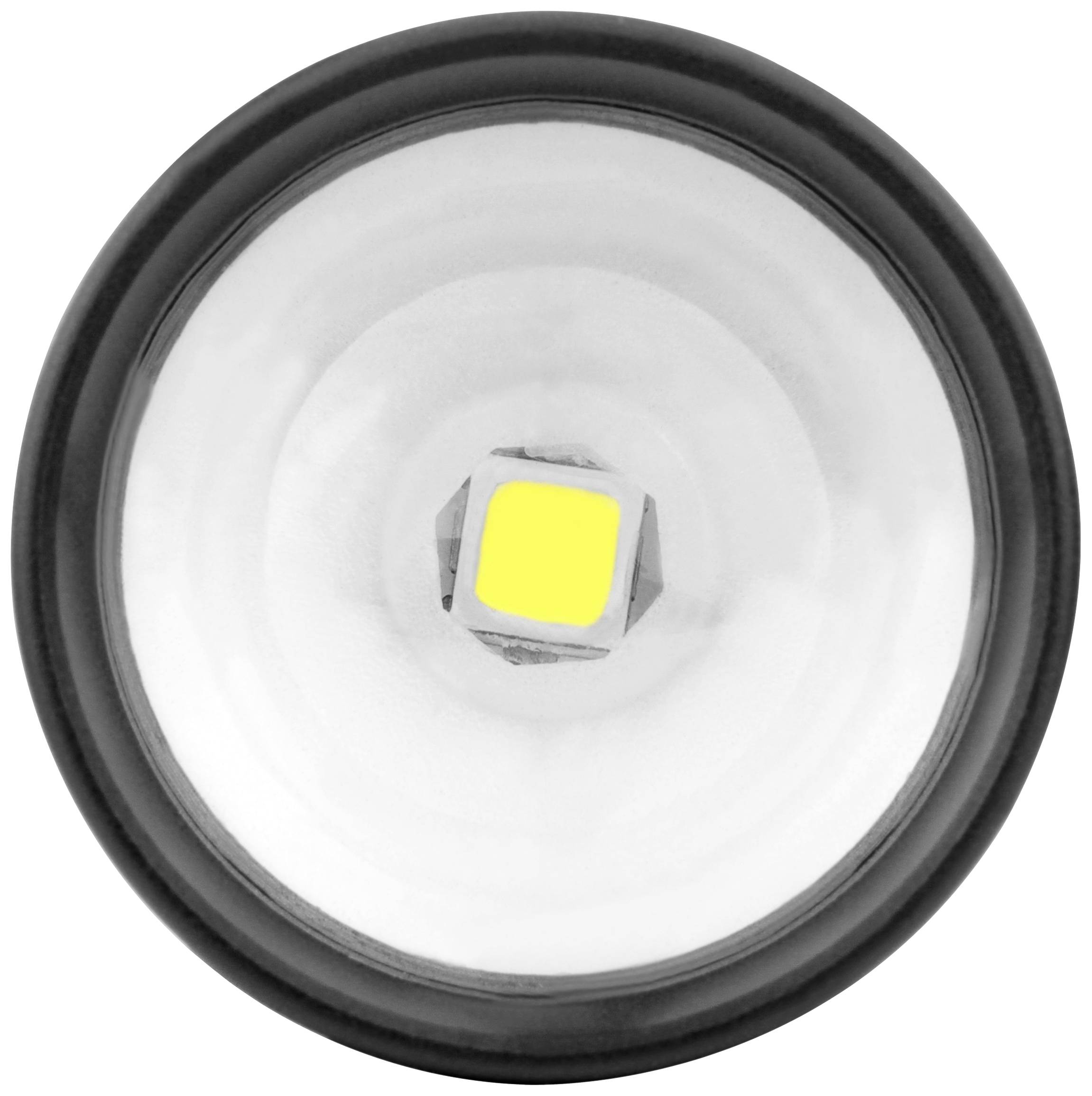 LED-svetilka, posneta od zgoraj, z okroglim reflektorjem in osrednjno rumeno svetlobno piko.