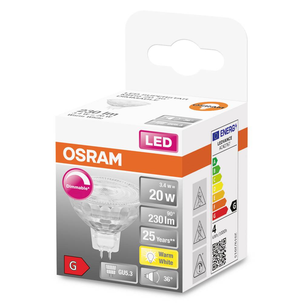 Osram LED žarnica v škatli. Energijski razred G, 3,4 W, 230 lumnov, nadomestilo za 20 W, toplo bela, zatemnljiva, podnožje GU5.3, življenjska doba 25 let.