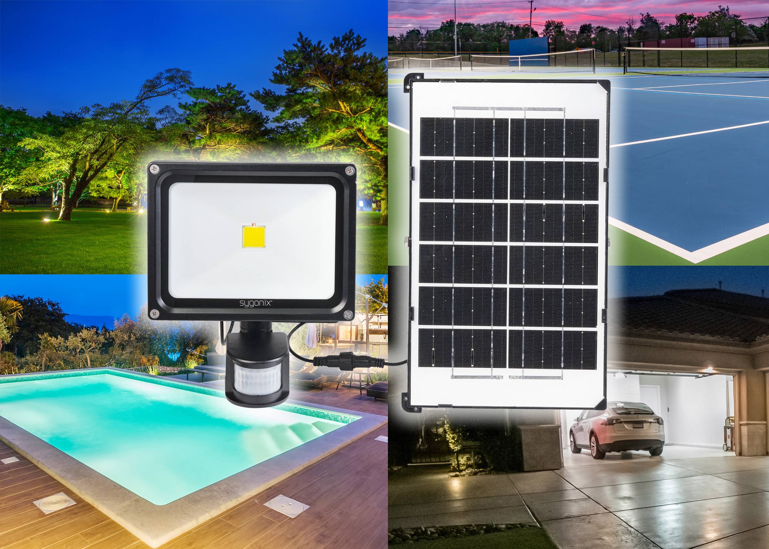 Kolaž nočne razsvetljave: reflektor sveti v vrtu, ob bazenu, nad garažo in solarni panel v sliki.
