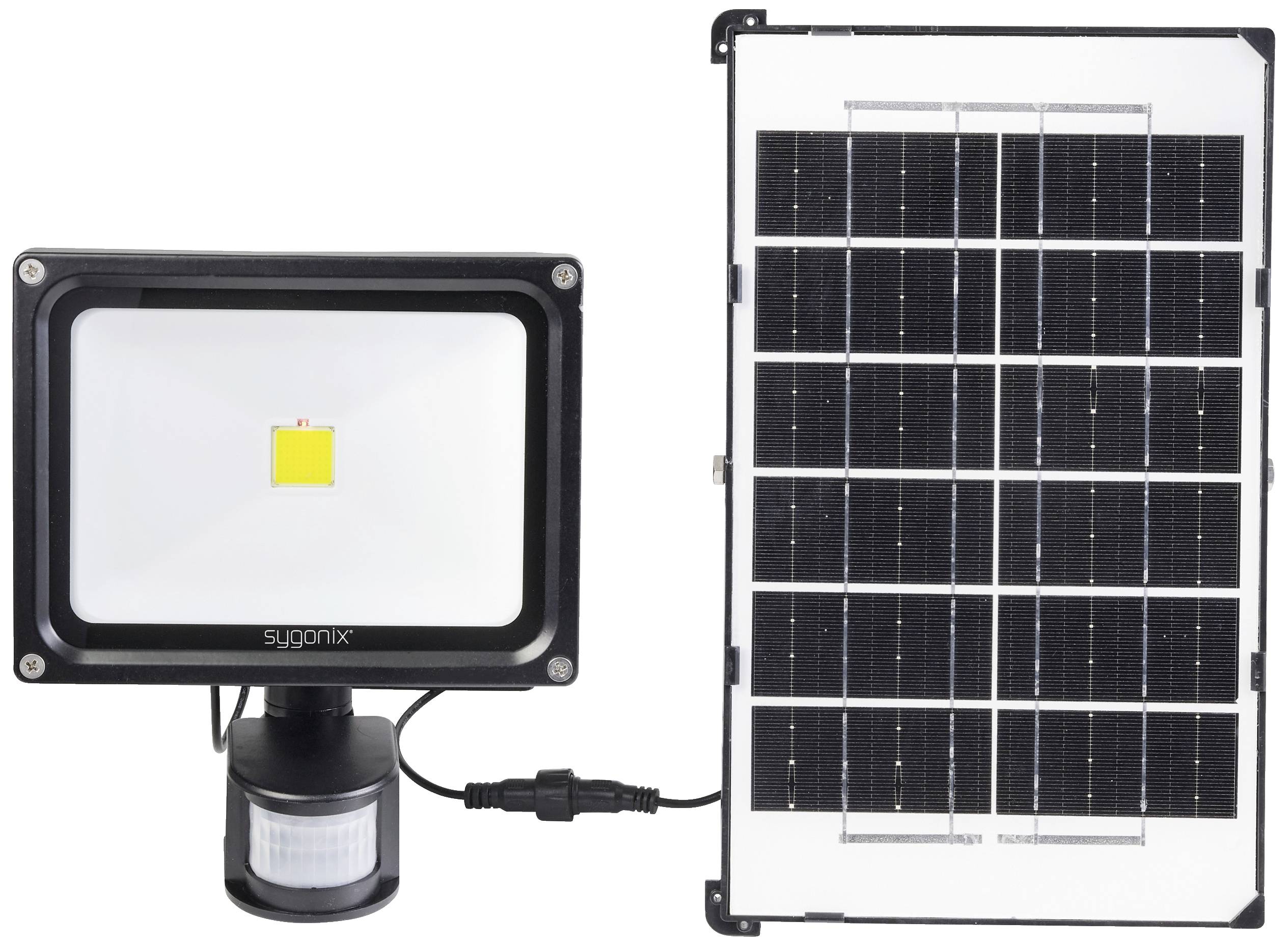 LED-reflektor s solarnim panelom. Reflektor ima senzor gibanja, povezan s kablom s pravokotnim solarnim panelom.