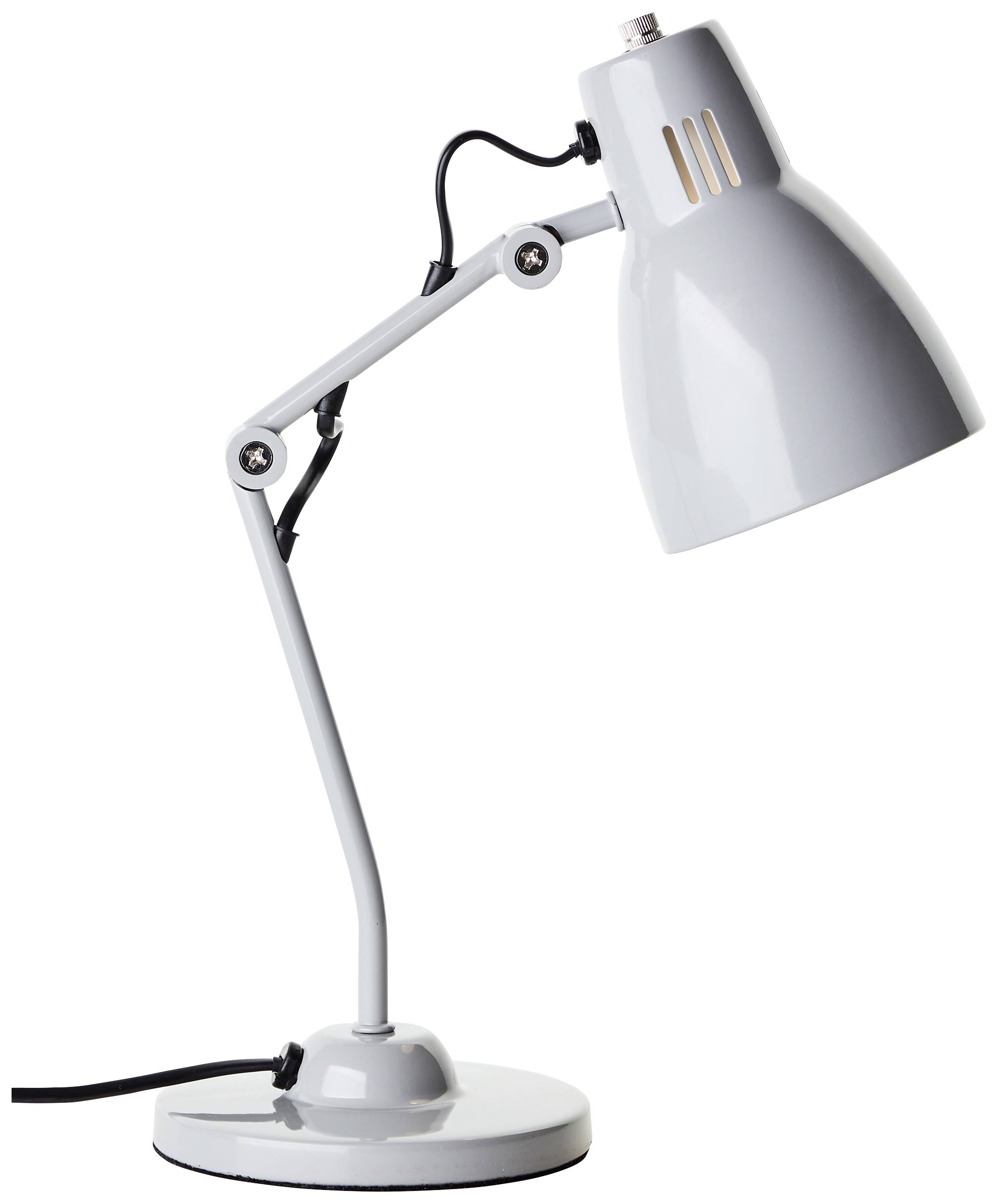 Siva namizna svetilka z nastavljivo roko in okroglo osnovo, namenjena osvetljevanju delovnega prostora.