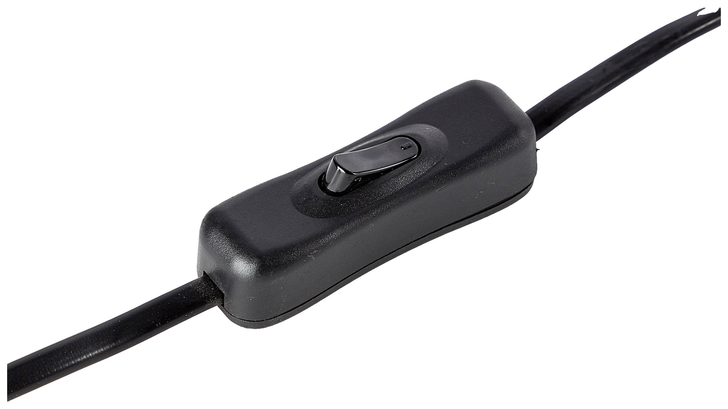 Črn preklopni stikalni gumb na kablu, ki ga je mogoče vklopiti in izklopiti, verjetno za elektronsko napravo.