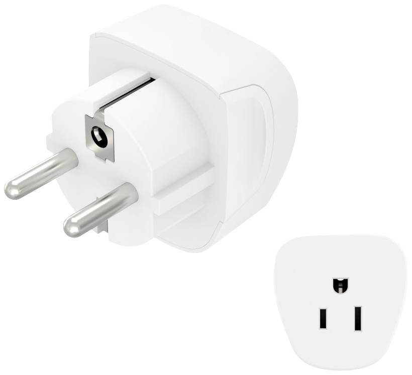 Beli električni adapter; zgoraj evropski vtič z dvema okroglima kontaktoma, spodaj ameriška vtičnica z dvema ploščatima odprtinama.