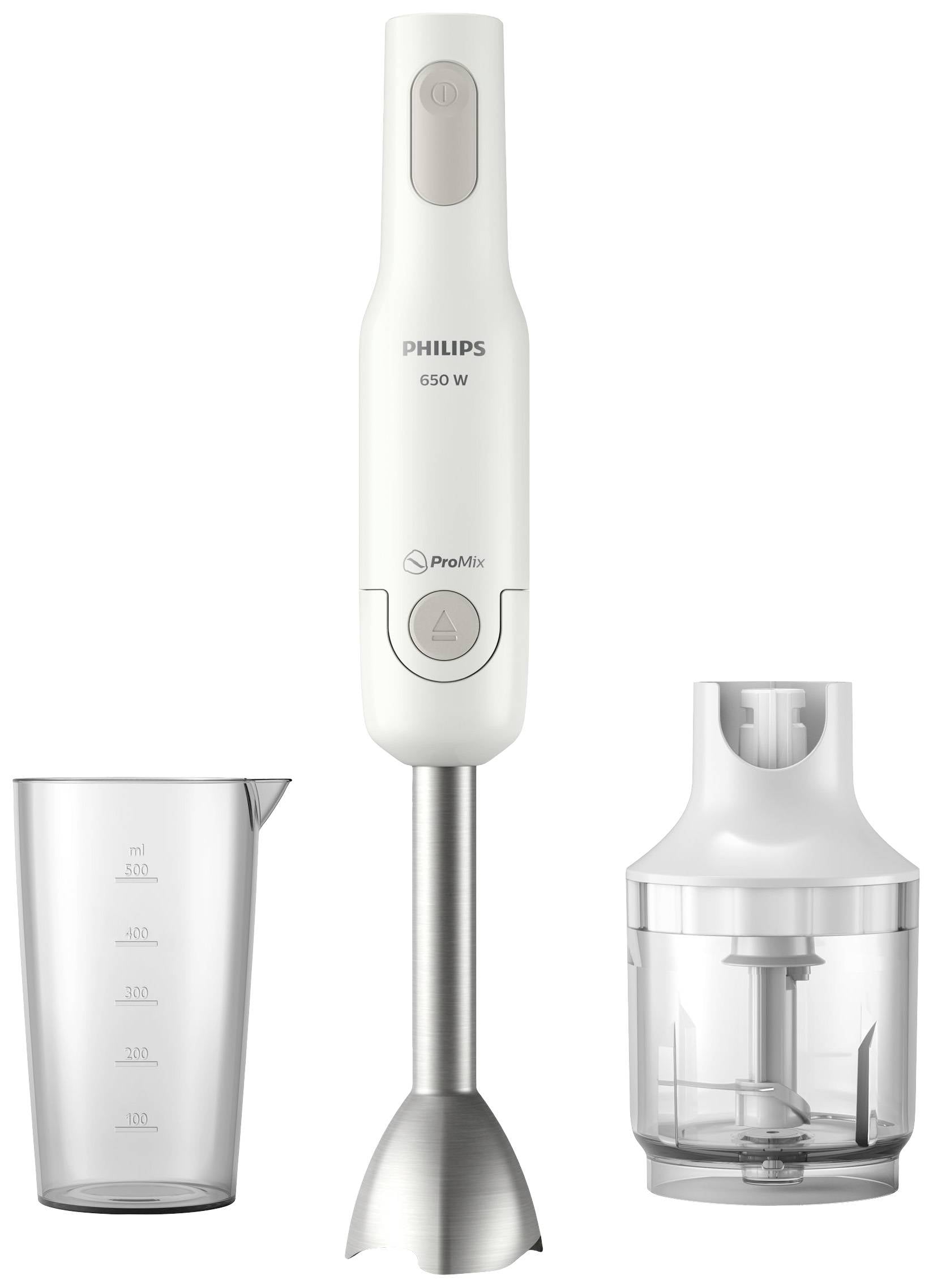 Bel ročni mešalnik Philips z 650 W močjo, poleg njega merilni kozarec in posoda z nožem za sekljanje sestavin.