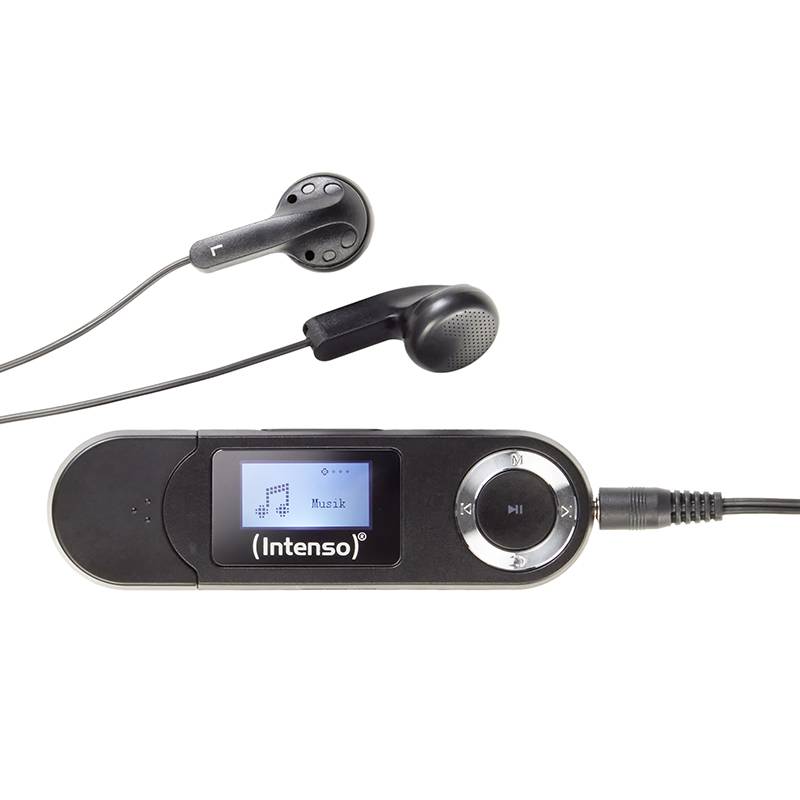 Črn MP3-predvajalnik z zaslonom prikazuje besedo 'Glasba'. Zraven ležijo črne slušalke.