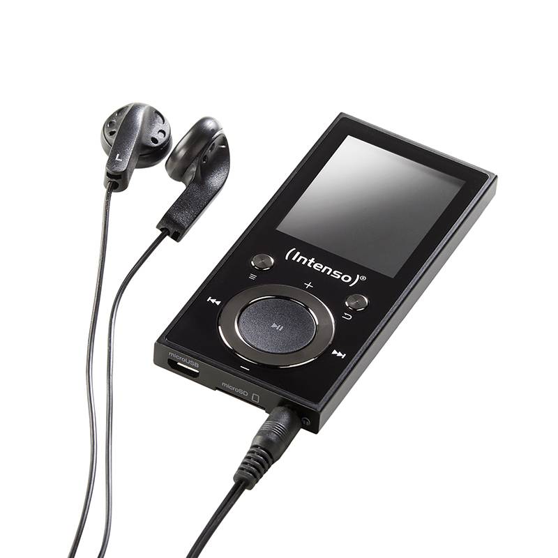 Črn predvajalnik MP3 Intenso z majhnim zaslonom in integrirano upravljalno ploščo. Zraven ležijo črne slušalke.