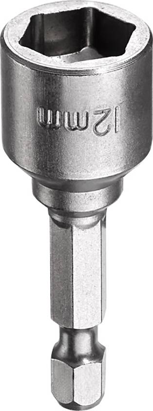 Kovinski nastavek za vijačni ključ z gravuro '12 mm' na strani in šestrobnim nastavkom za vijačna orodja.