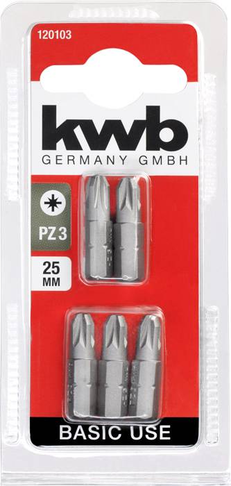 'kwb Germany GmbH' Embalaža s štirimi PZ3 vijačnimi nastavki, dolgimi 25 mm. Primerno za preproste aplikacije. Rdeča in bela zasnova.