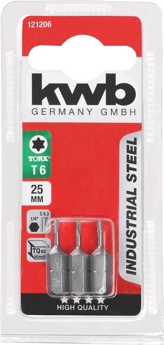 Paket s tremi Torx T6 nastavki znamke KWB, 25 mm, industrijski jeklen, visoke kakovosti, primeren za natančna vijačenja.
