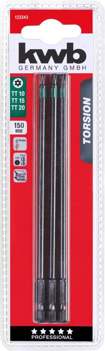 Tri črne torzijske konice 'TT 10', 'TT 15', 'TT 20' podjetja kwb Germany GmbH v blister embalaži, dolžine 150 mm, z rdečo podlago.