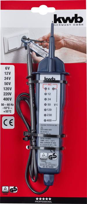 Embalaža električnega napetostnega preizkuševalnika znamke kwb, primernega za preizkušanje izmenične napetosti od 6V do 400V.