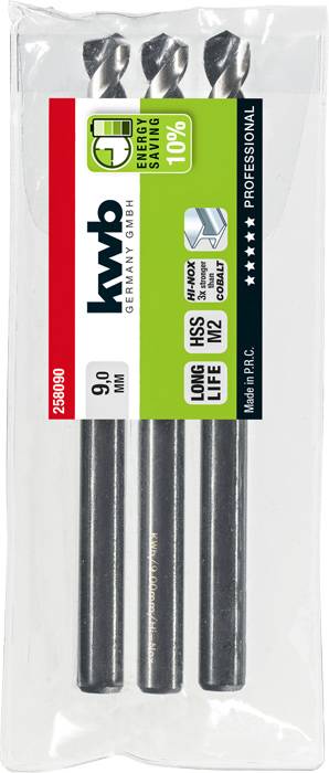 Trije črni svedri v prozorni embalaži, označeni z 'kwb Nemčija', 'Prihranek energije 10%', 'Dolga življenjska doba HSS'.