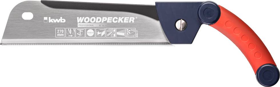 Ročna žaga z ukrivljenim rdečim ročajem. Rezilo ima napis 'WOODPECKER PROFESSIONAL'. Primerna za natančne reze.