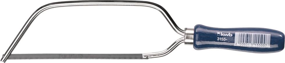 Ročna žaga z kovinskim U-okvirjem in modrim lesenim ročajem, primerna za fine rezalne posege v les ali plastiko.