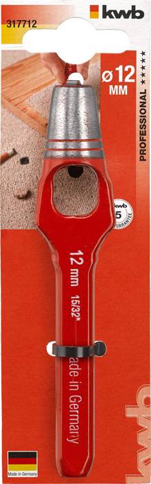 Luknjač znamke 'kwb professional', velikost 12 mm, rdeč, na rdečem ozadju. Embalaža prikazuje sliko uporabe.