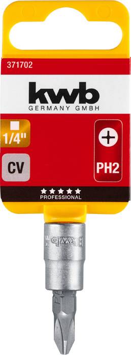 Vijačni nastavek znamke kwb, velikost 1/4" PH2, za vijake s križnim zarezo. Pakiranje v rdeči in rumeni barvi, z nalepko 'PROFESSIONAL'.