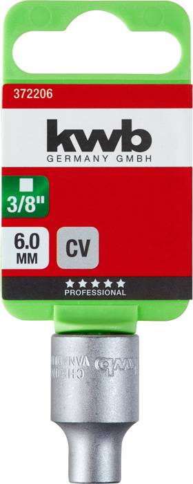 Bitni nastavek znamke kwb, 3/8 palca, 6,0 mm CV, v rdeči in zeleni embalaži z logotipom podjetja in kataloško številko 372206.