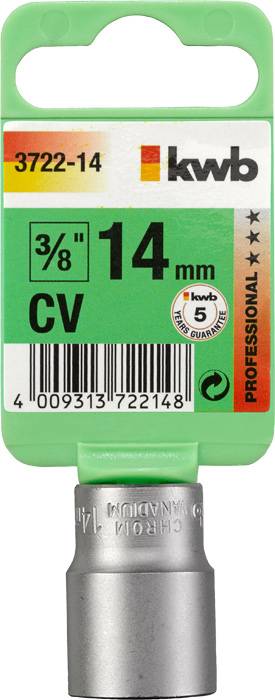 Vtični ključ z zelenim držalom, velikost: 3/8 palca, 14 mm, znamka: kwb, jeklo CV, 5-letna garancija, koda izdelka: 3722-14.