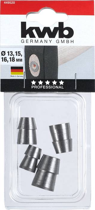 Embalaža s petimi sivimi stožčastimi rezkarji znamke KWB, velikosti Ø 13, 15, 16, 18 mm, primerni za profesionalno uporabo.