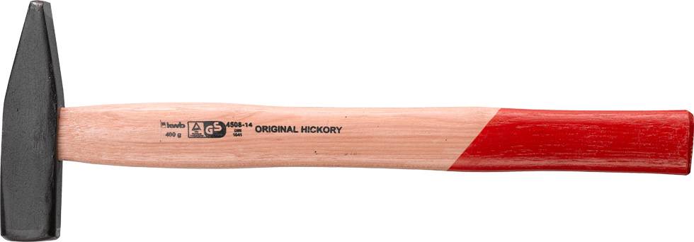 Kladivo z lesenim ročajem in rdečim koncem. Glava je iz kovine. Besedilo na ročaju: 'ORIGINAL HICKORY'.