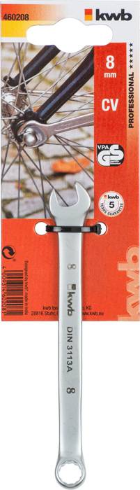 Ključ 'Kwb' za zaklep kolesa. Primeren za 8mm vijake. Visi pred sliko kolesa. Embalaža: oranžna, prikazuje GS-certifikat.