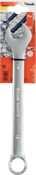 'Kwb' komplet ključev z vijakom na rdečem kartonskem ozadju, velikost '19 mm'. Vsebuje slike za uporabo na kolesih.