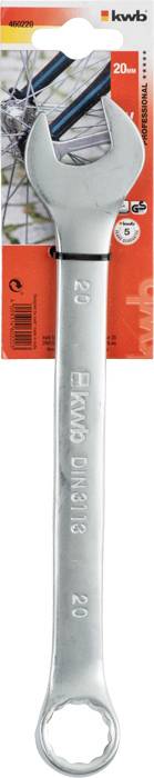 Srebrni viličasti ključ velikosti 20 mm, pakiran na oranžni kartici znamke kwb, prikazan pred kolesarskim kolesom.