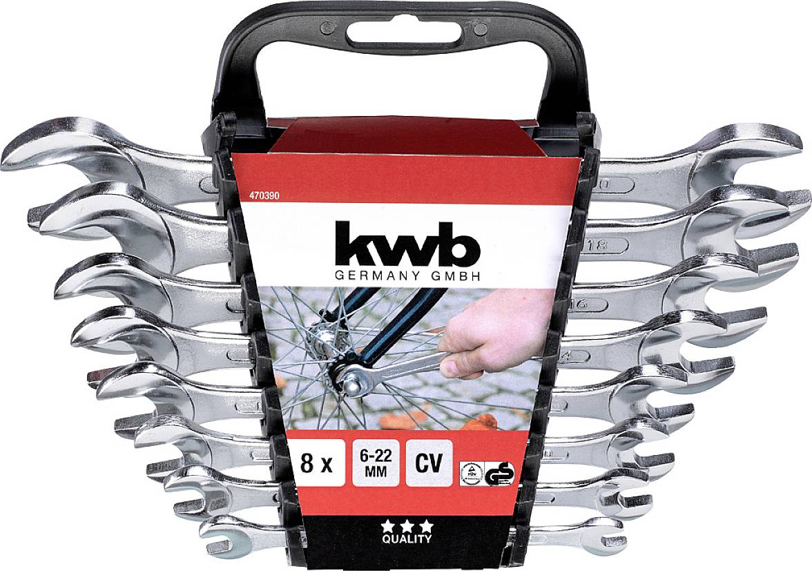 Komplet osmih vilic z odprtim koncem od 6 do 22 mm, pakiran v črnem držalu, z napisom blagovne znamke "kwb GERMANY GMBH".