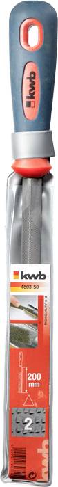 Kovinska pila znamke KWB z ergonomskim ročajem, primerna za natančno datoteko. Dolžina: 200 mm. Embalaža prikazuje sliko pile med uporabo.