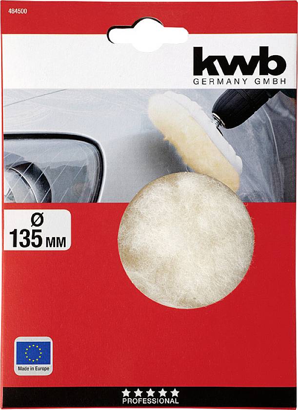 'KWB Germany GmbH' polirna plošča s premerom 135 mm za poliranje avtomobila. Embalaža kaže evropsko poreklo.
